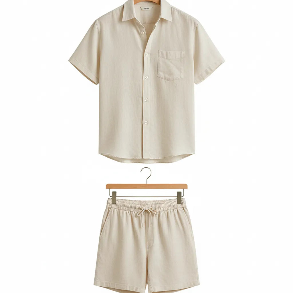 Ensemble Chemise Short en Lin Homme Beige - old money style