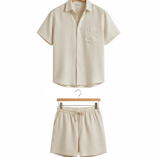 Ensemble Chemise Short en Lin Homme Beige - old money style